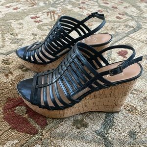 Franco Sarto Sombre black cork wedge sandal 7.5